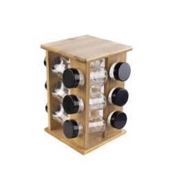 Houten kruidenrek/specerijenrek met 12 glazen potten 15 x 23 cm - Kruidenrekken