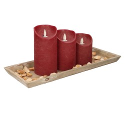 Houten dienblad met steentjes en 3 LED kaarsen in het bordeaux rood 39 x 15 cm - LED kaarsen