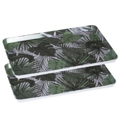 2x stuks dienbladen/serveerbladen rechthoekig Jungle 45 x 30 cm wit/groen - Dienbladen